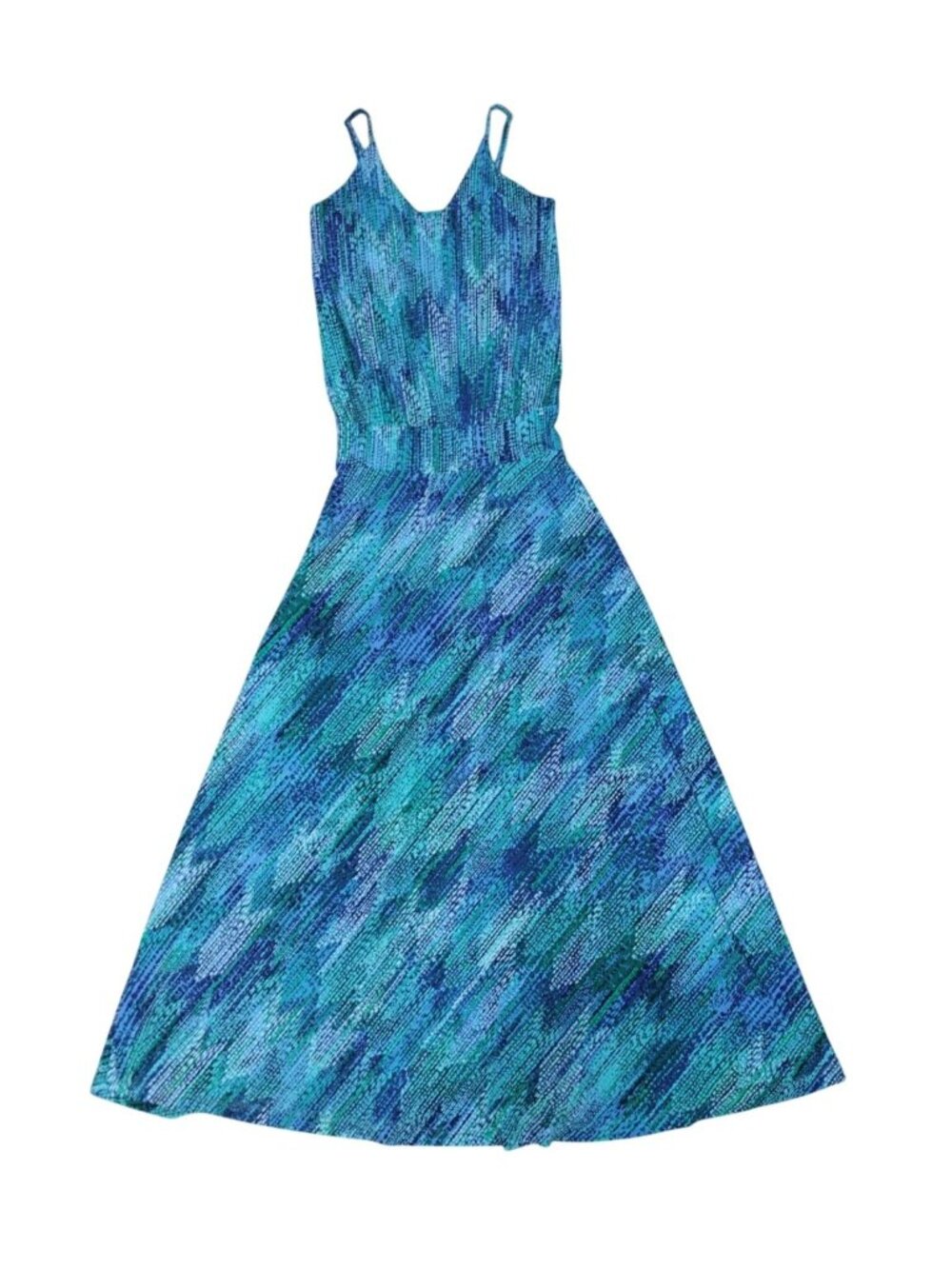 Veronica M Blue Green Abstract Maxi Dress S Sleeveless Stretch USA.